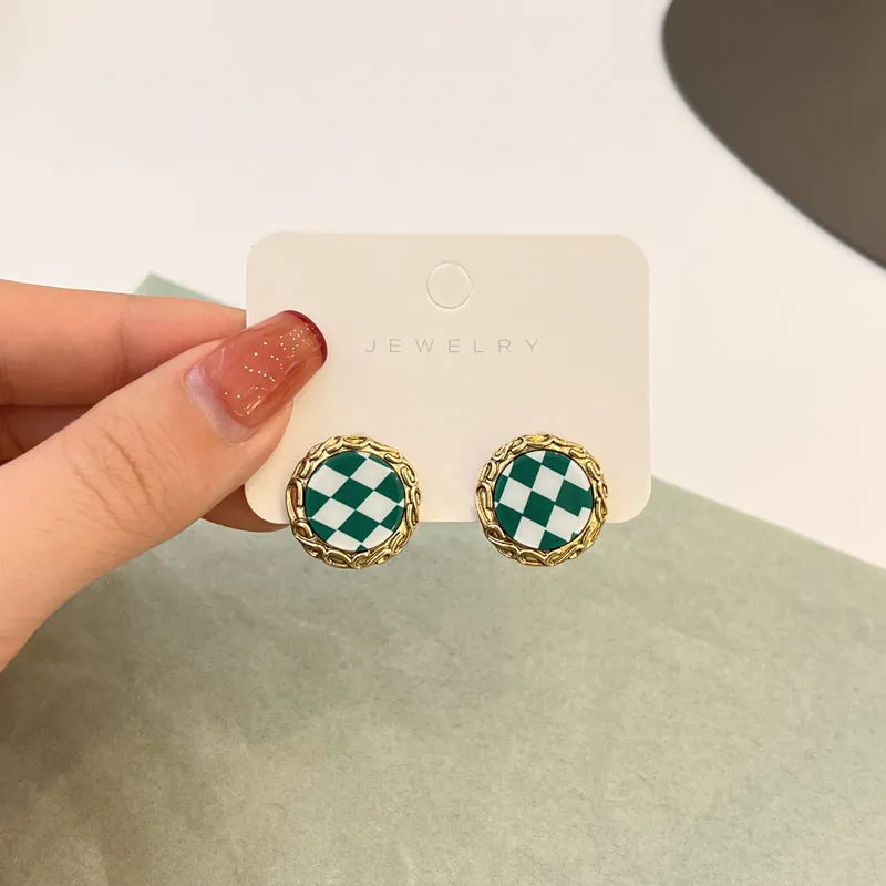 Green Checkered Vintage Stud Earrings -jlt11572