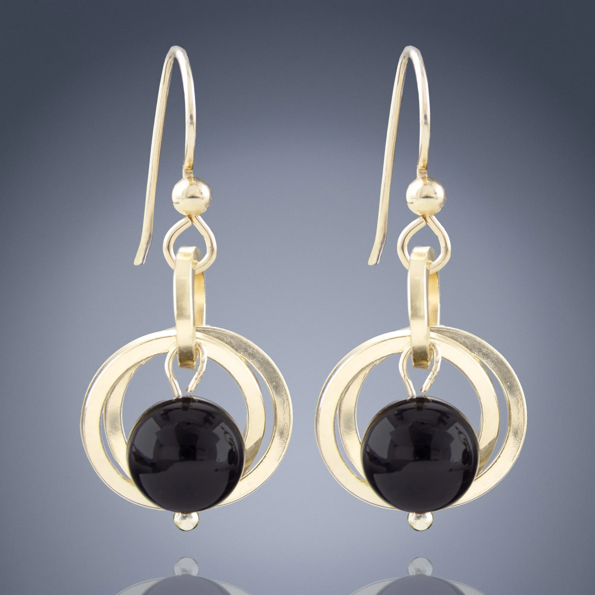 Handcrafted Black Onyx Genuine Gemstone Dangle Earrings in 14K Yellow Gold Fill