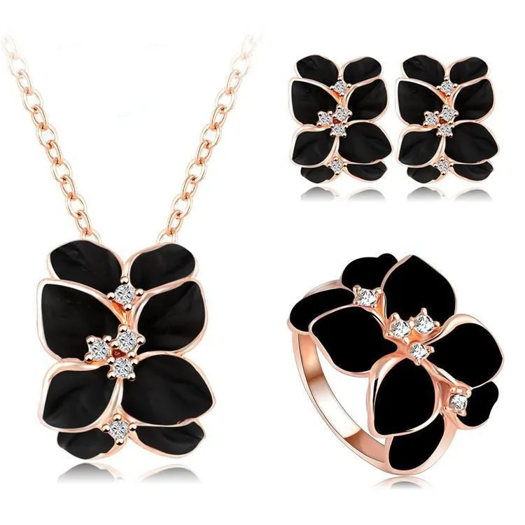 Hot Sale Jewelry Set Rose Gold Plated Austrian Crystal Enamel Earring/Necklace/Ring Flower Set Choose Size Ring