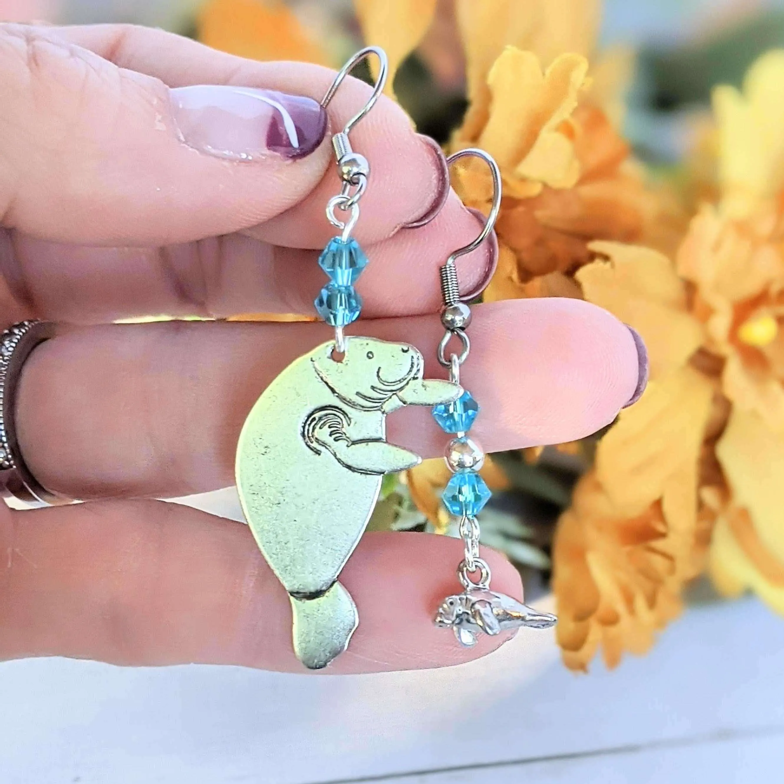 Mismatched Manatee Aqua crystal hook earrings