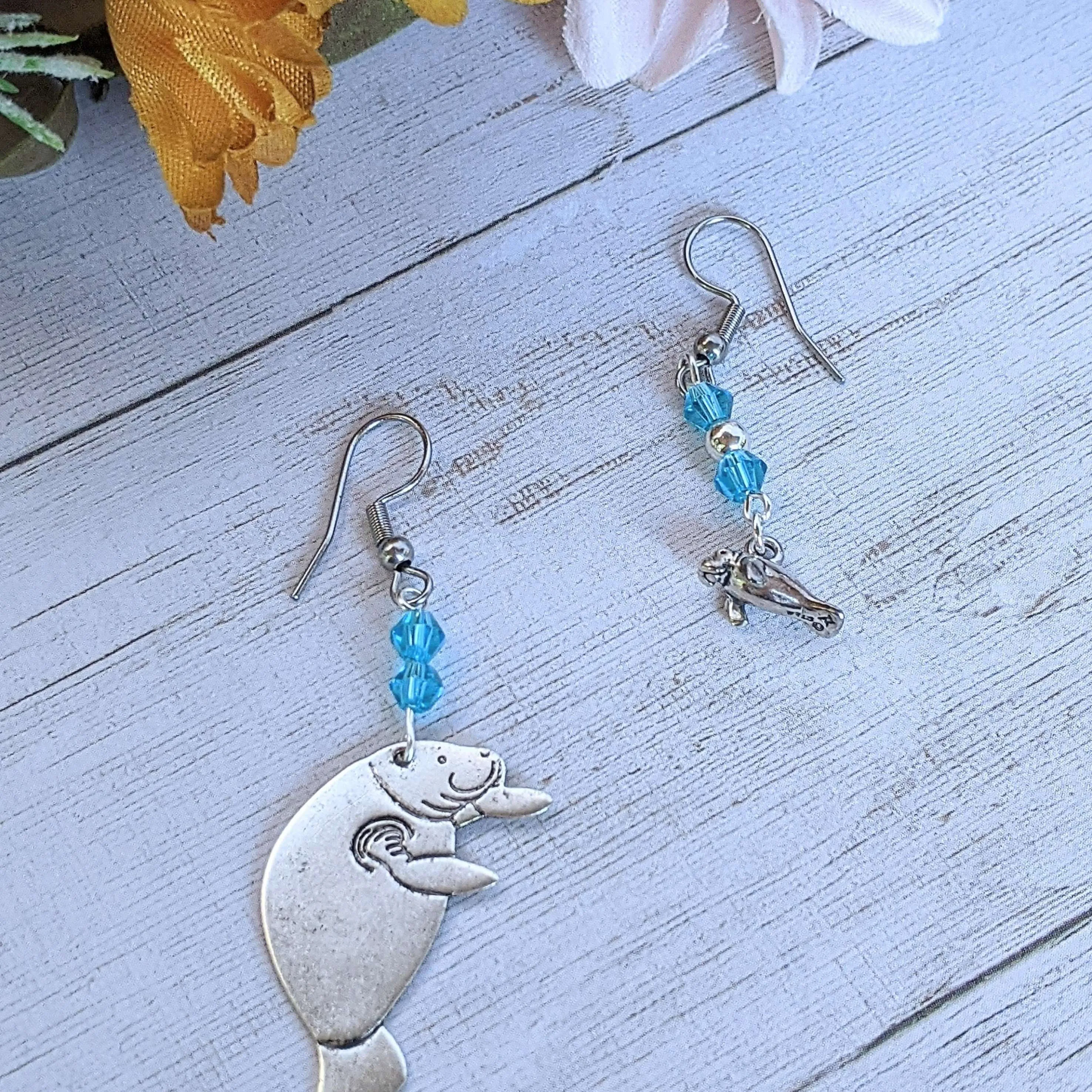 Mismatched Manatee Aqua crystal hook earrings