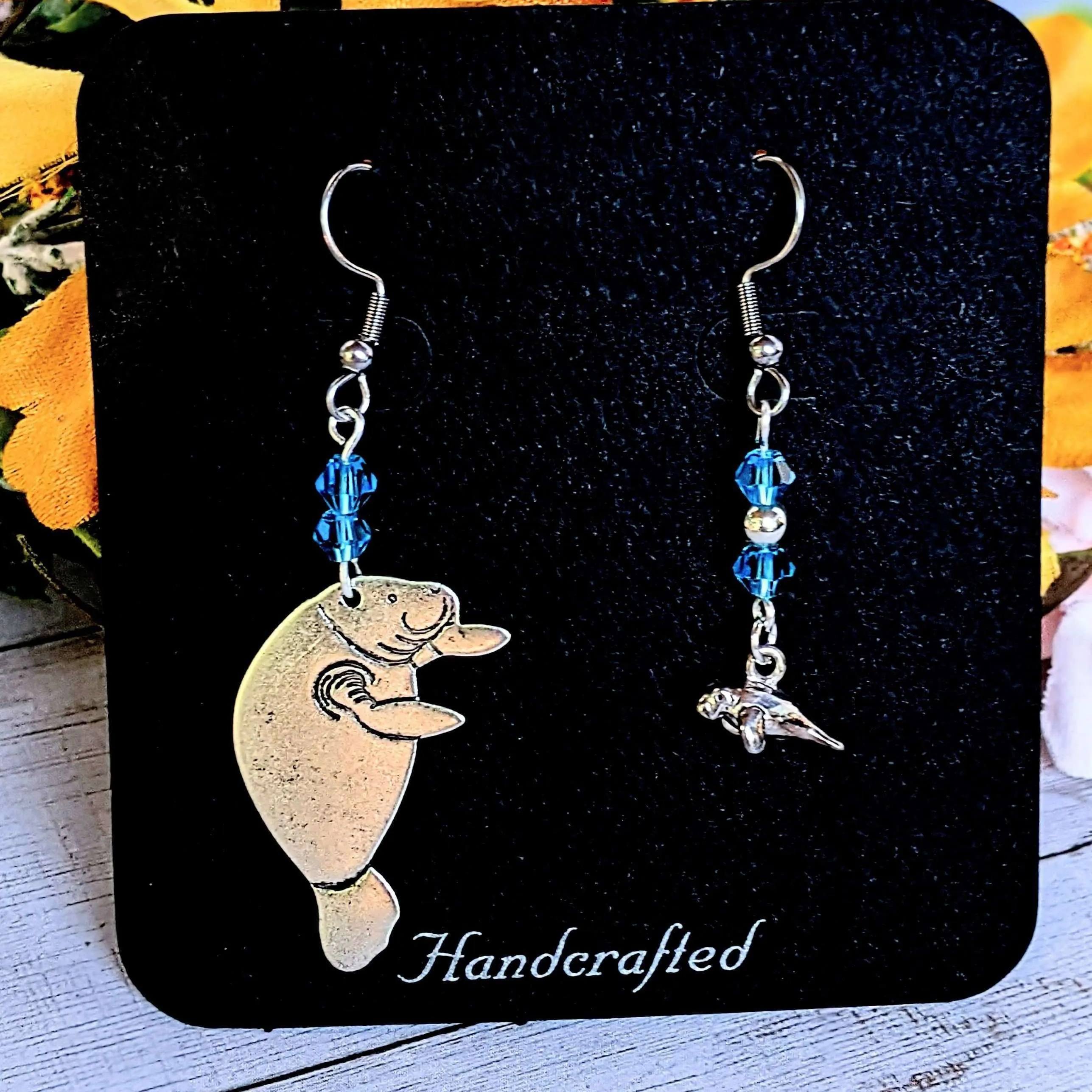 Mismatched Manatee Aqua crystal hook earrings