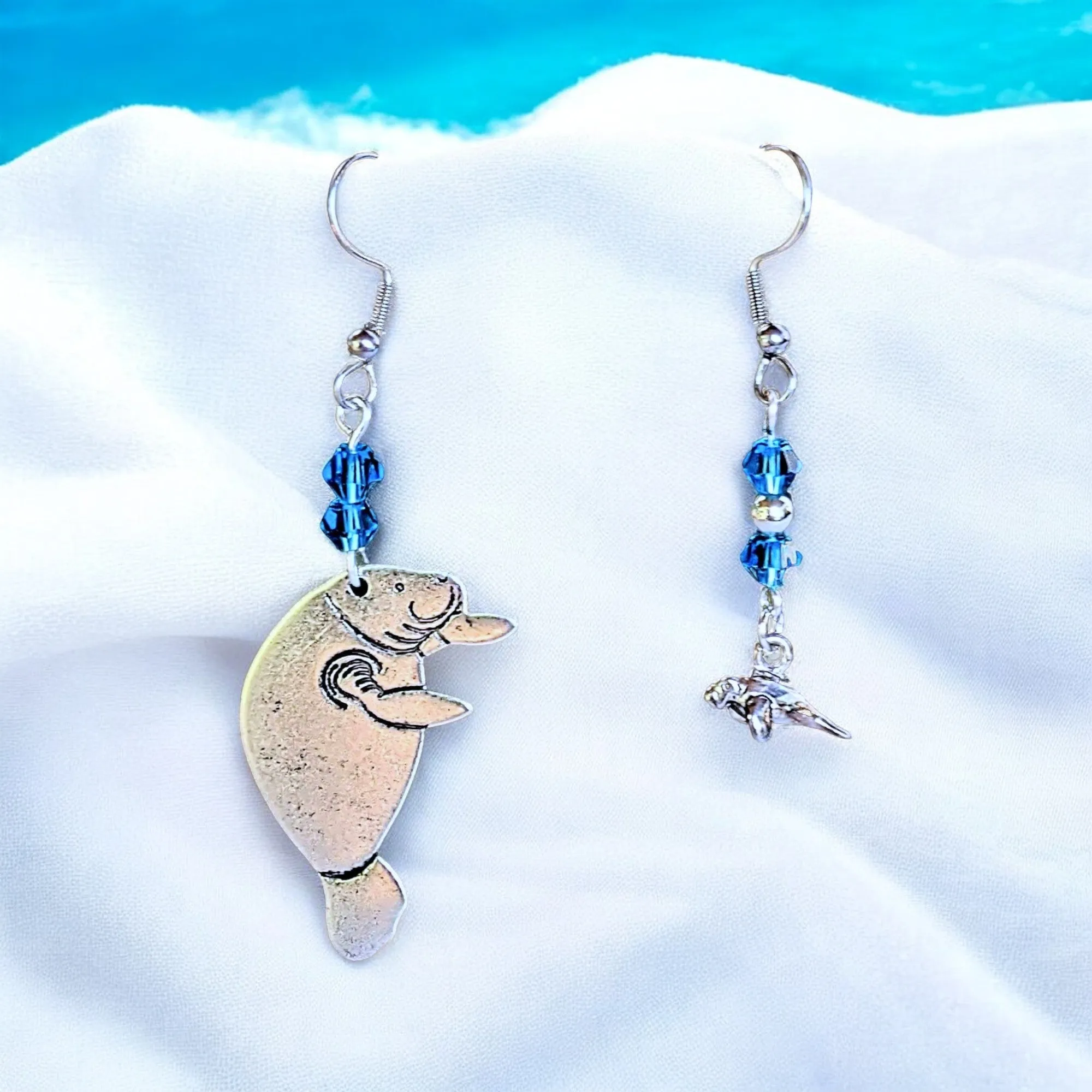 Mismatched Manatee Aqua crystal hook earrings