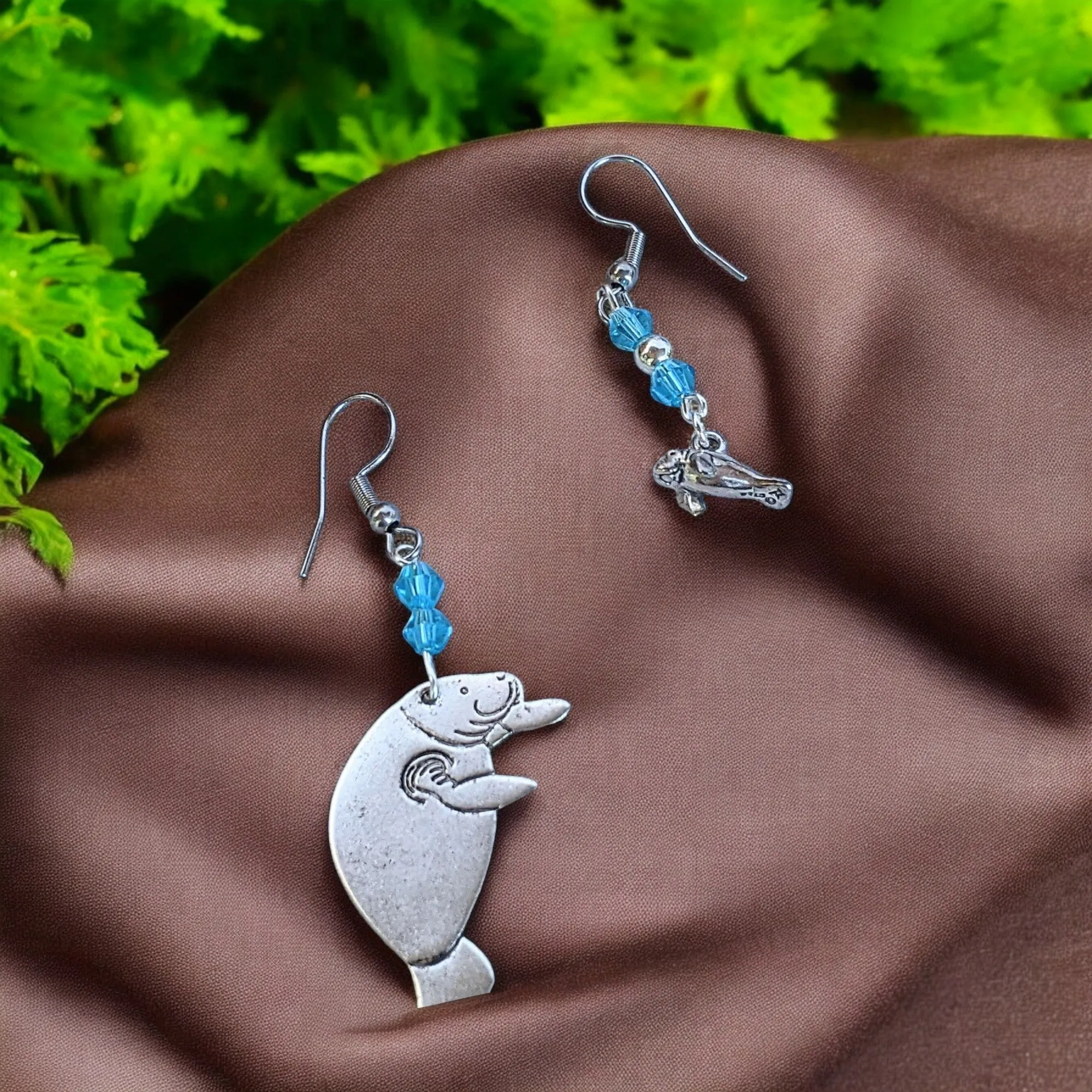 Mismatched Manatee Aqua crystal hook earrings