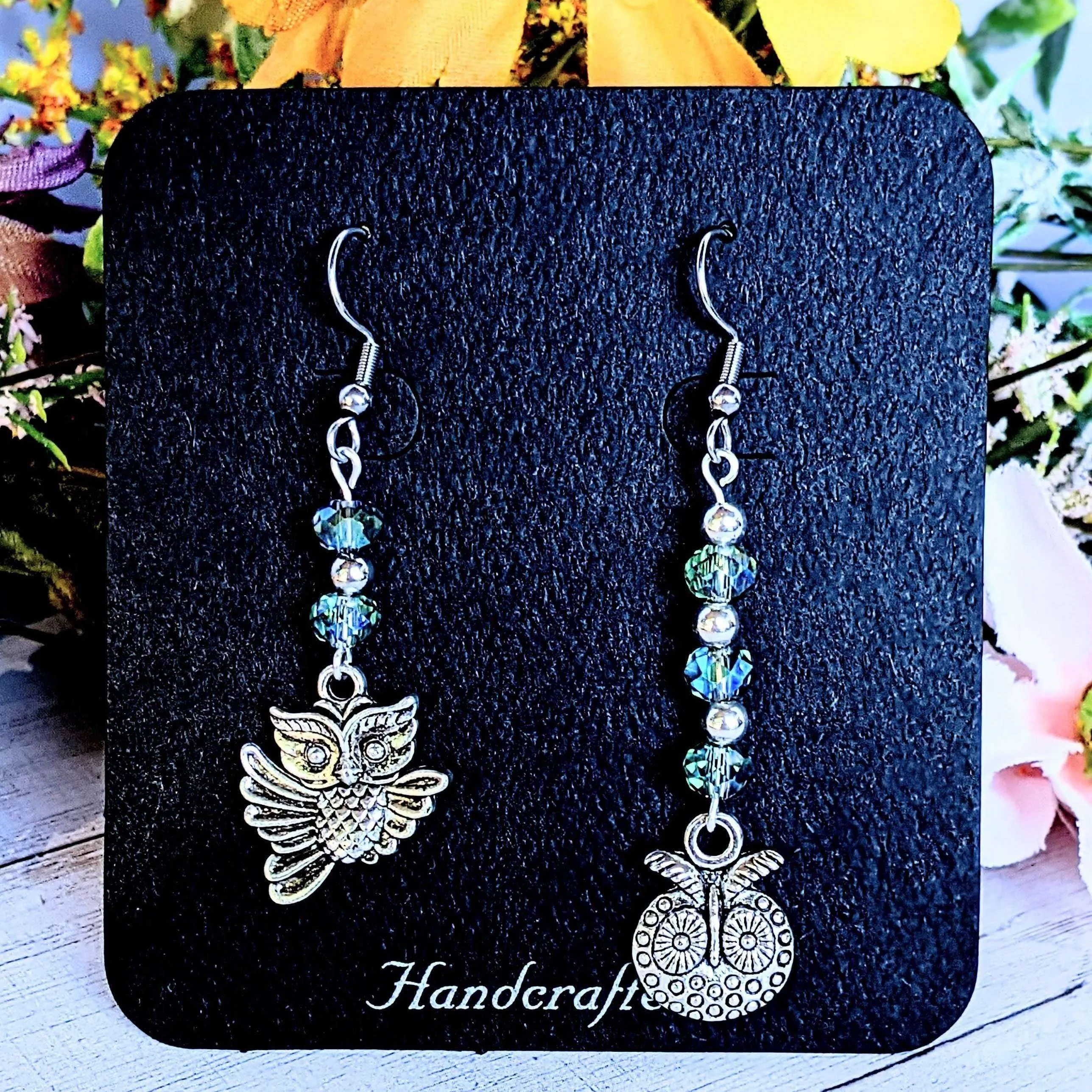 Mismatched Owl crystal hook earrings