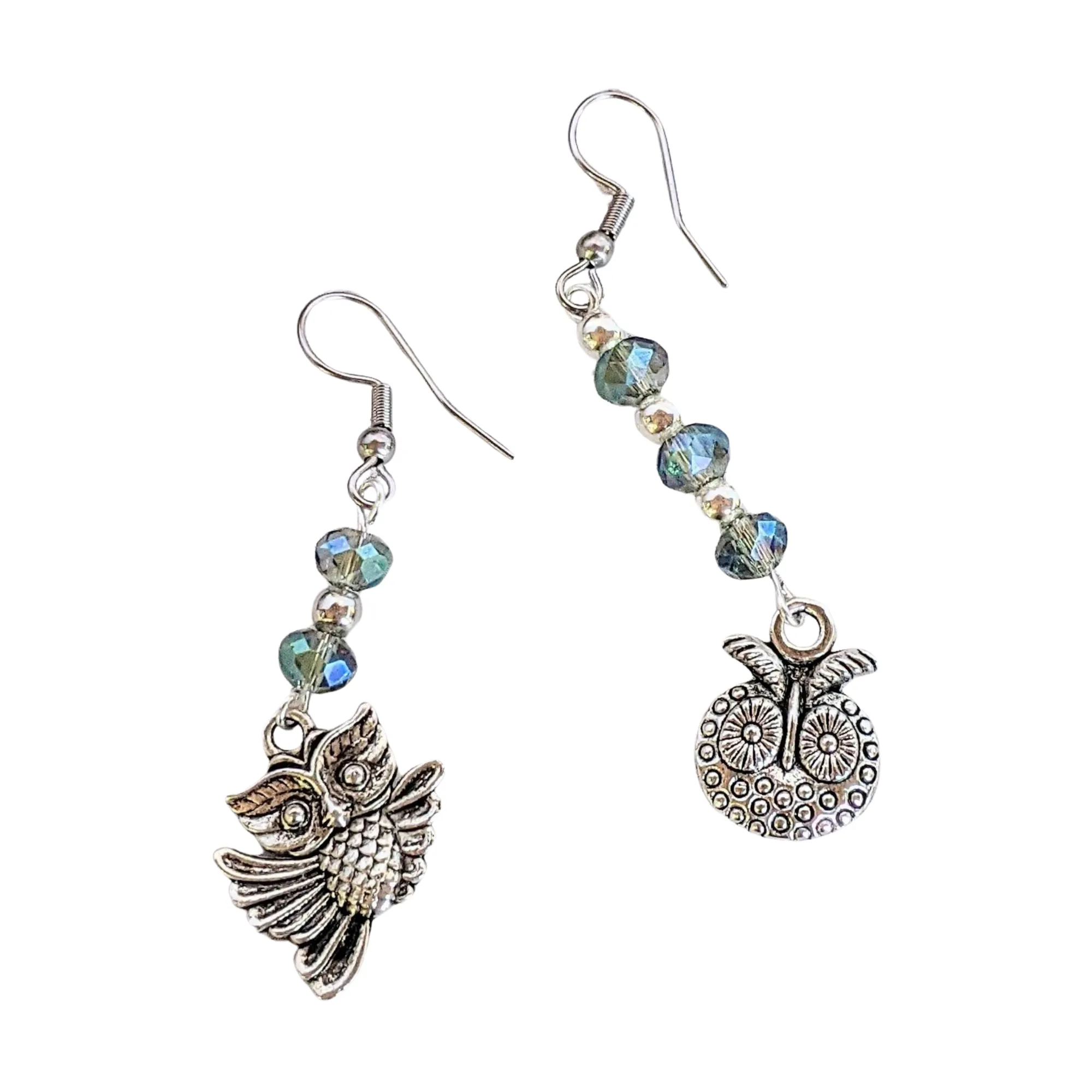 Mismatched Owl crystal hook earrings