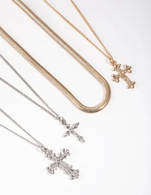 Mixed Metal Snake Chain Cross 4-Row Necklace