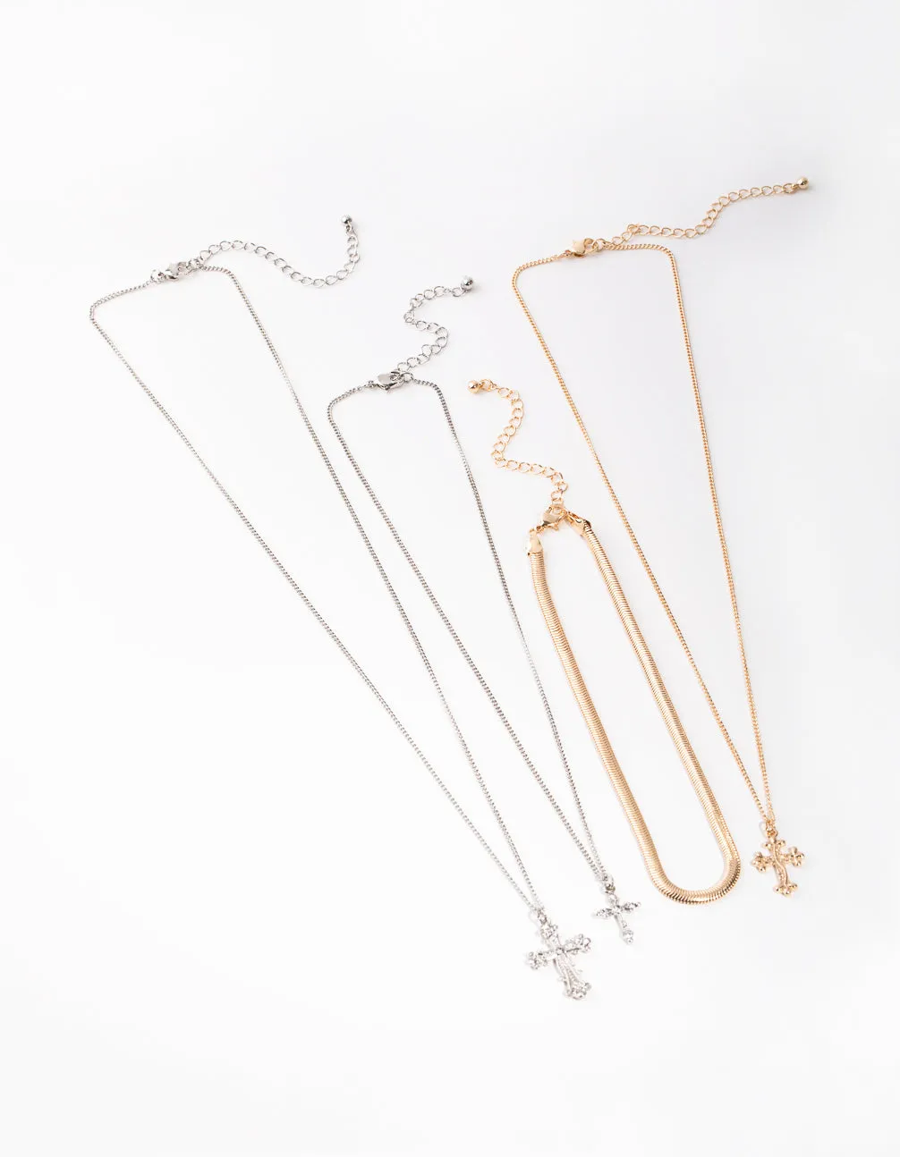 Mixed Metal Snake Chain Cross 4-Row Necklace