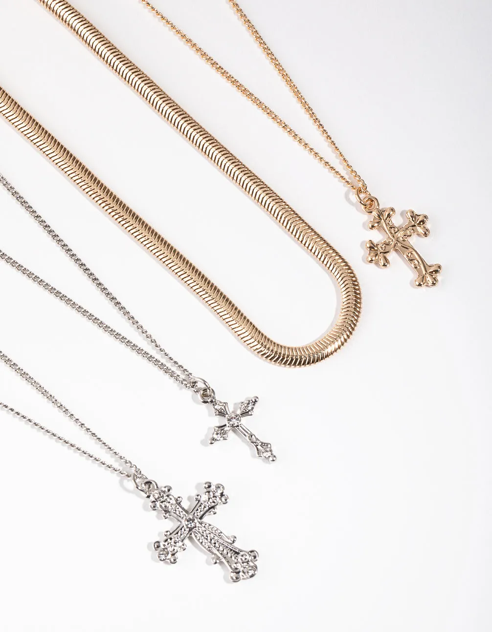 Mixed Metal Snake Chain Cross 4-Row Necklace