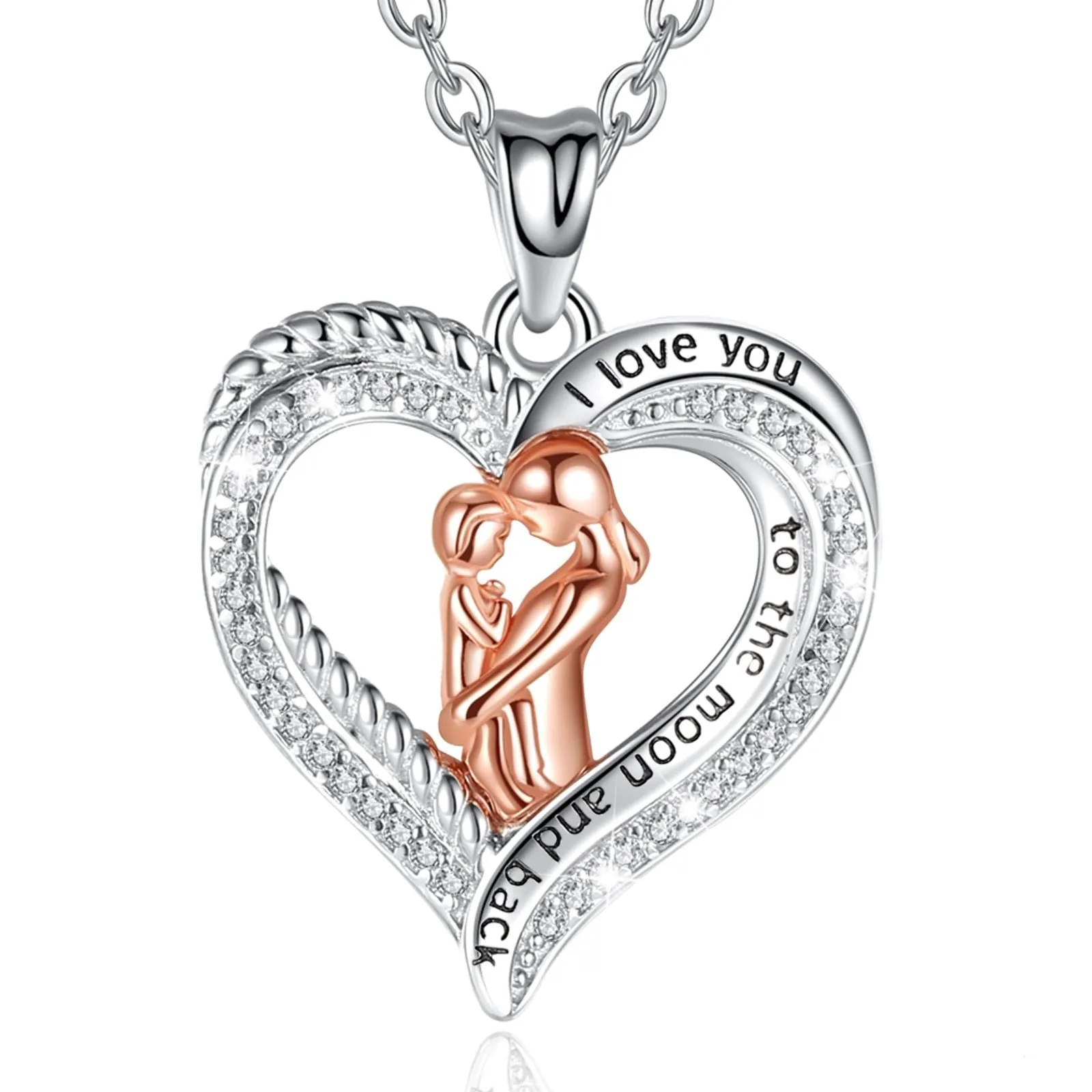 Mother and Baby Rose Gold Necklace Paved-Crystal Heart Pendant Fine Jewelry for Mother's Day gift