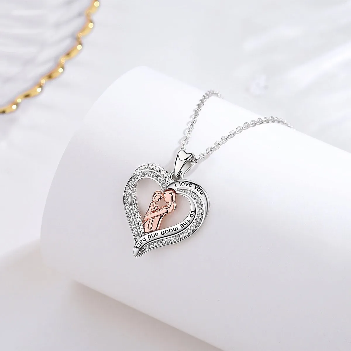 Mother and Baby Rose Gold Necklace Paved-Crystal Heart Pendant Fine Jewelry for Mother's Day gift