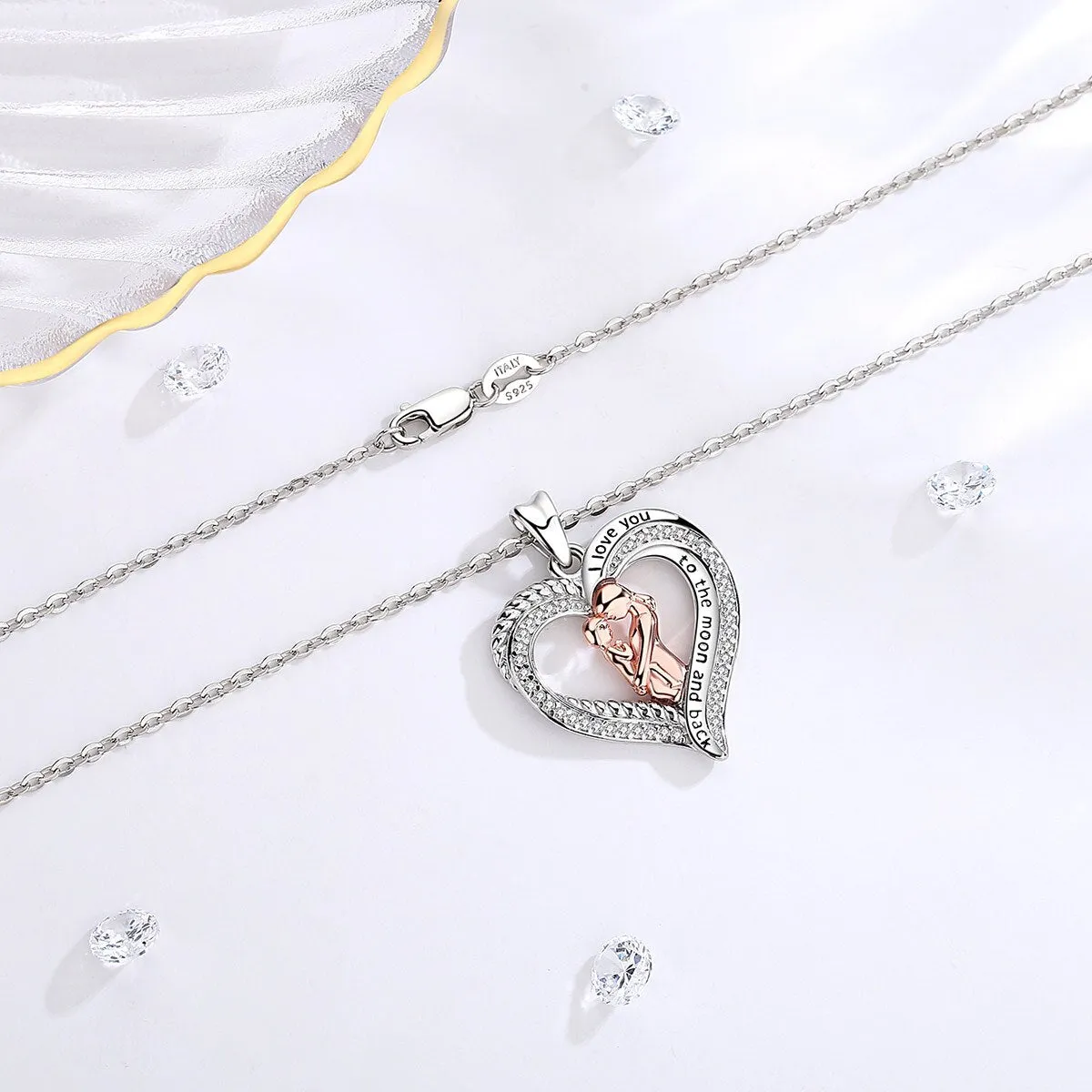 Mother and Baby Rose Gold Necklace Paved-Crystal Heart Pendant Fine Jewelry for Mother's Day gift