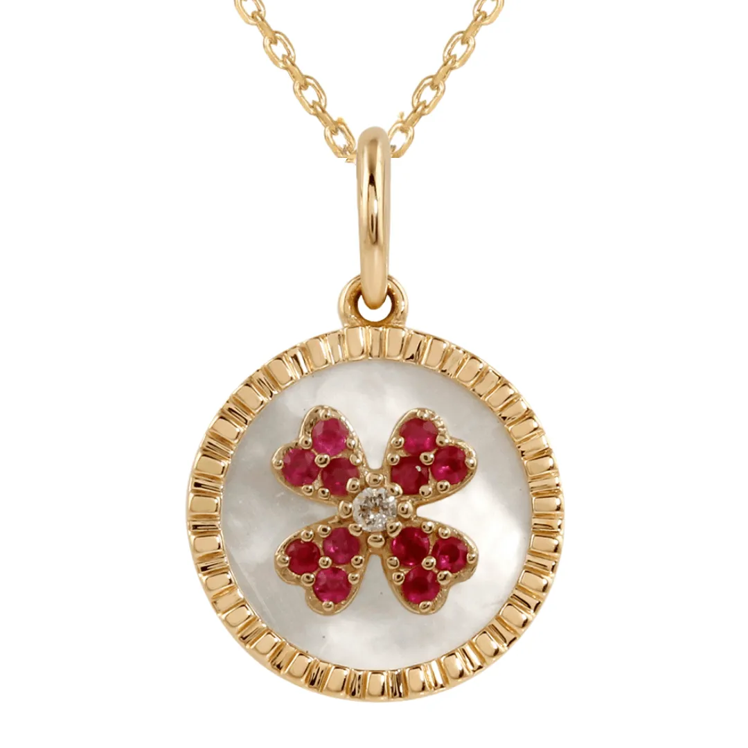 Mother of Pearl Ruby Clover Pendant Necklace