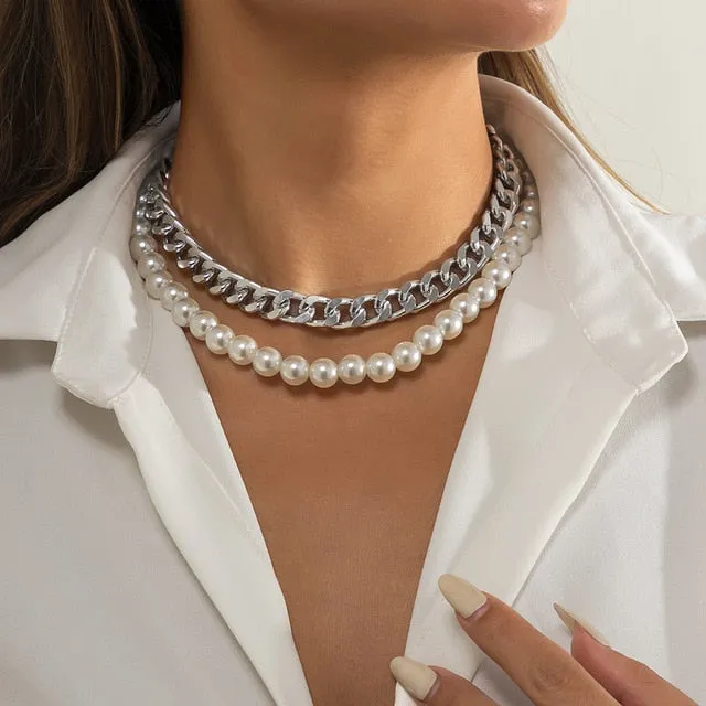 Multi-Layer White Imitation Pearl Necklace Bead  Chain Punk Ladies Wedding Short Clavicle Necklac Girl Charm Banquet Jewelry