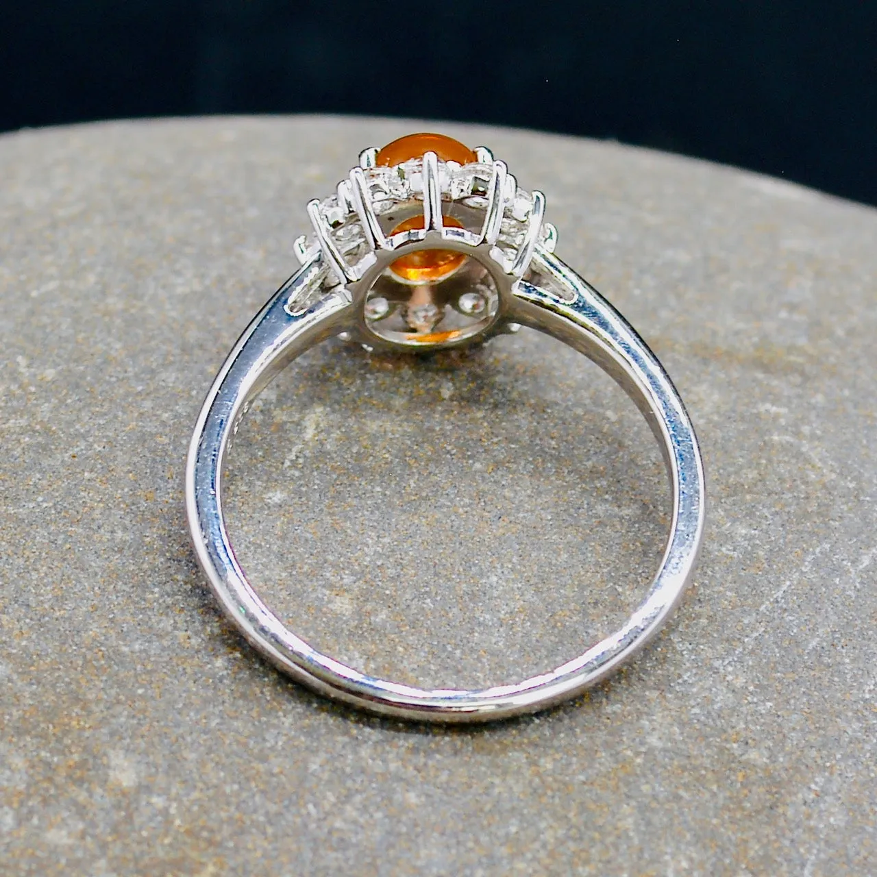 Natural American Fire Opal & White Topaz Halo Silver Ring