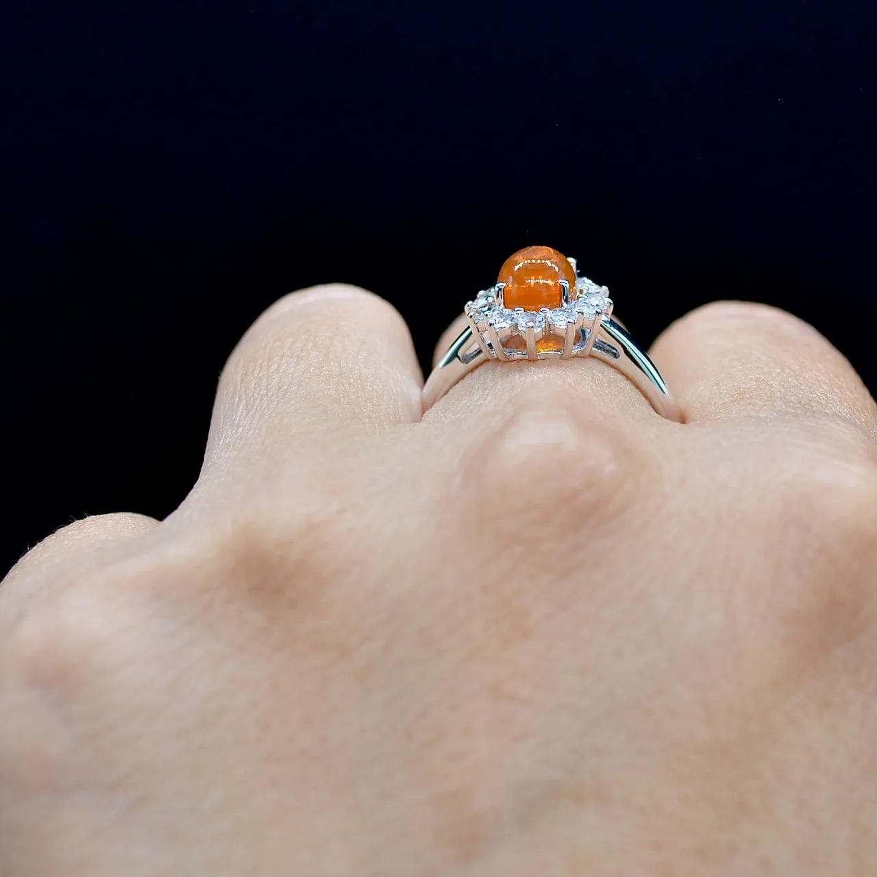 Natural American Fire Opal & White Topaz Halo Silver Ring