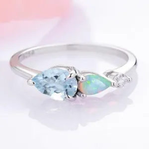 Natural Aquamarine & Australian Opal Ring- Sterling Silver