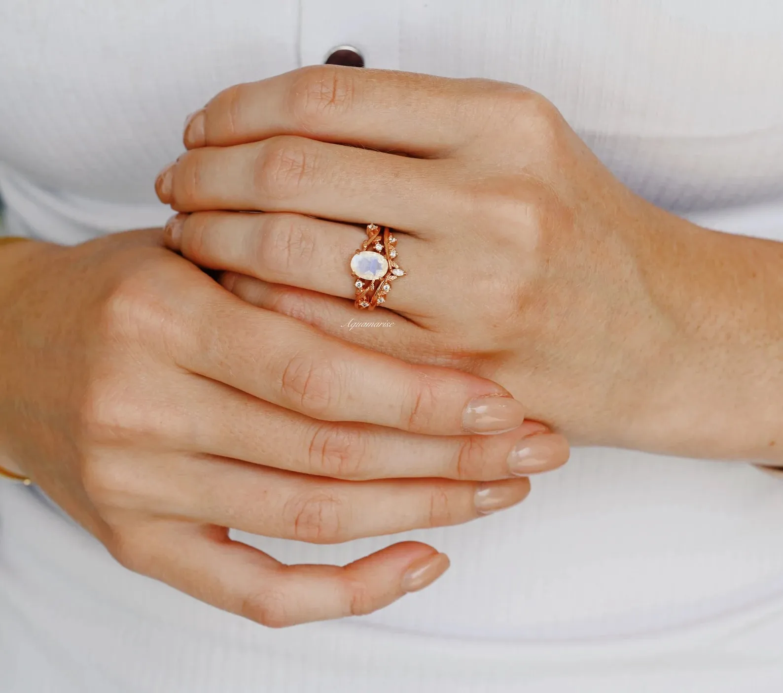 Natural Moonstone Fairy Engagement Ring Set- 14K Rose Gold Vermeil