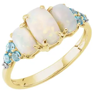 Natural White Opal with Swiss Blue Topaz & Diamond 3 Stone Ring