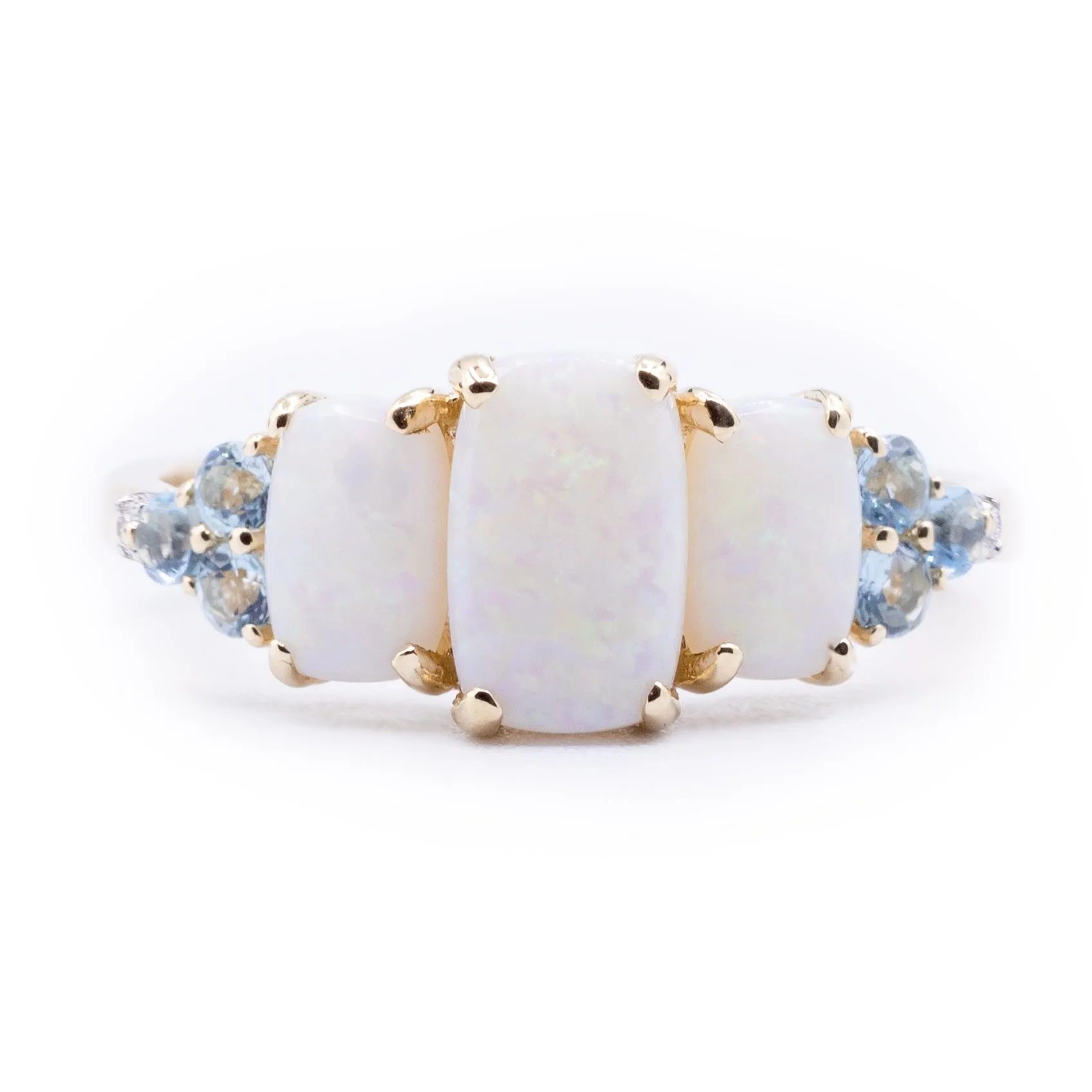 Natural White Opal with Swiss Blue Topaz & Diamond 3 Stone Ring