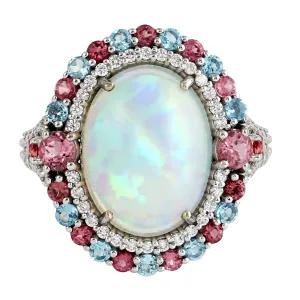 Opal Ethopian Tourmaline Topaz 18k White Gold Handmade Cocktail Ring