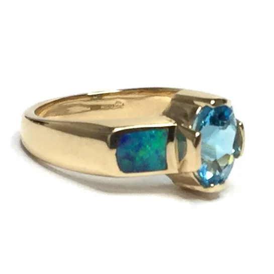 Opal Rings 2 Section Inlaid Design with Oval Swiss Blue Topaz Center