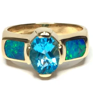 Opal Rings 2 Section Inlaid Design with Oval Swiss Blue Topaz Center