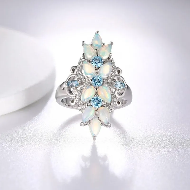 Ornate Opal & Blue Topaz in S925 Silver Ring