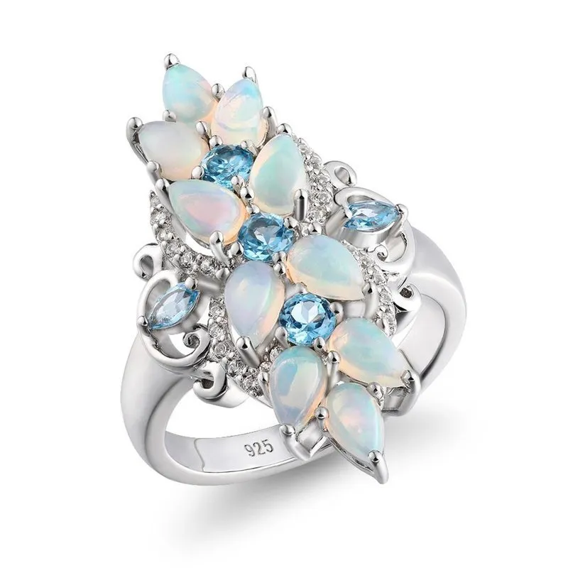 Ornate Opal & Blue Topaz in S925 Silver Ring