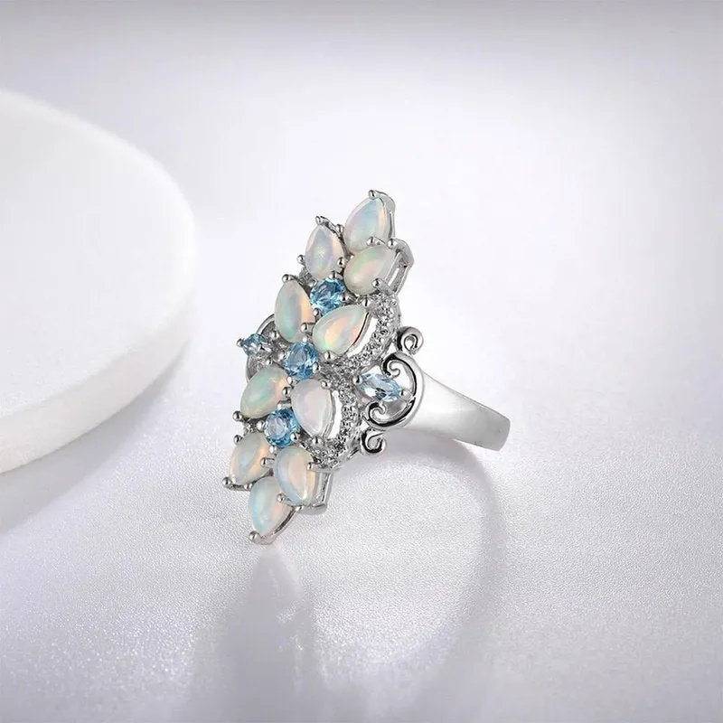 Ornate Opal & Blue Topaz in S925 Silver Ring