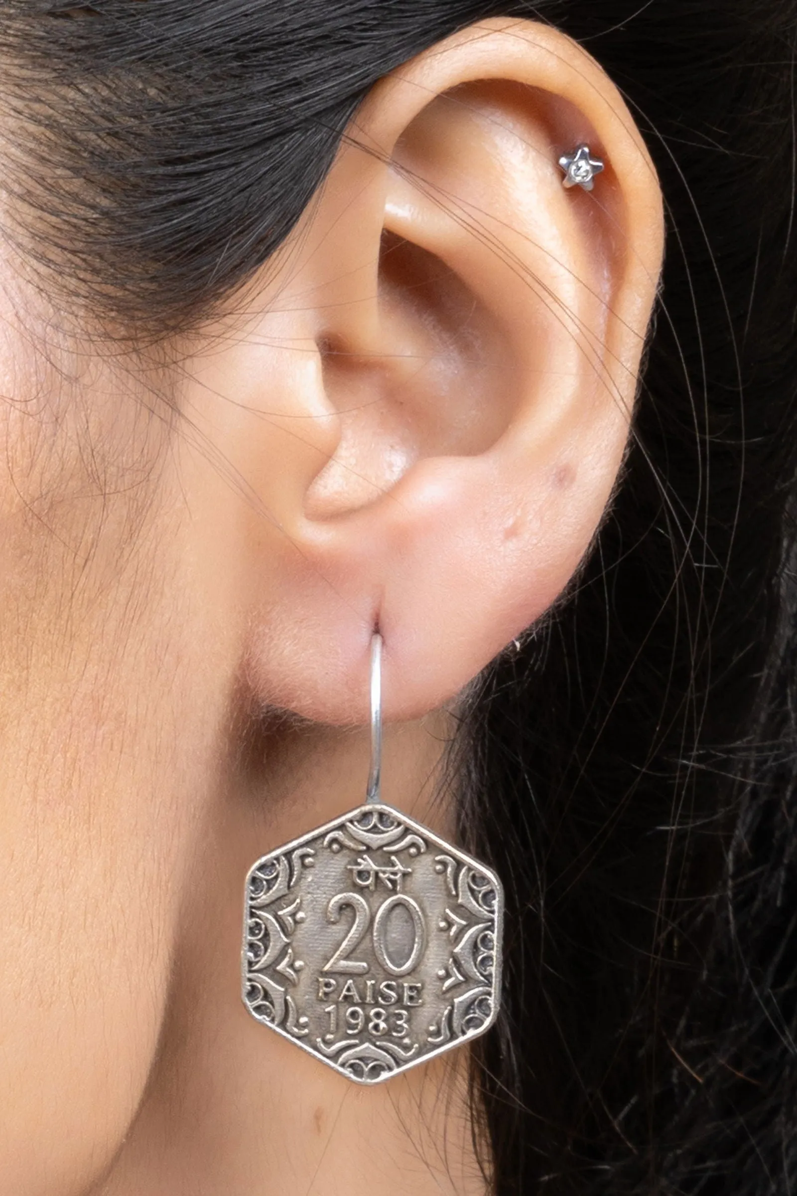 Oxidized Silver Replica 20 Paise Hexagonal Lightweight Earrings with Vintage Design