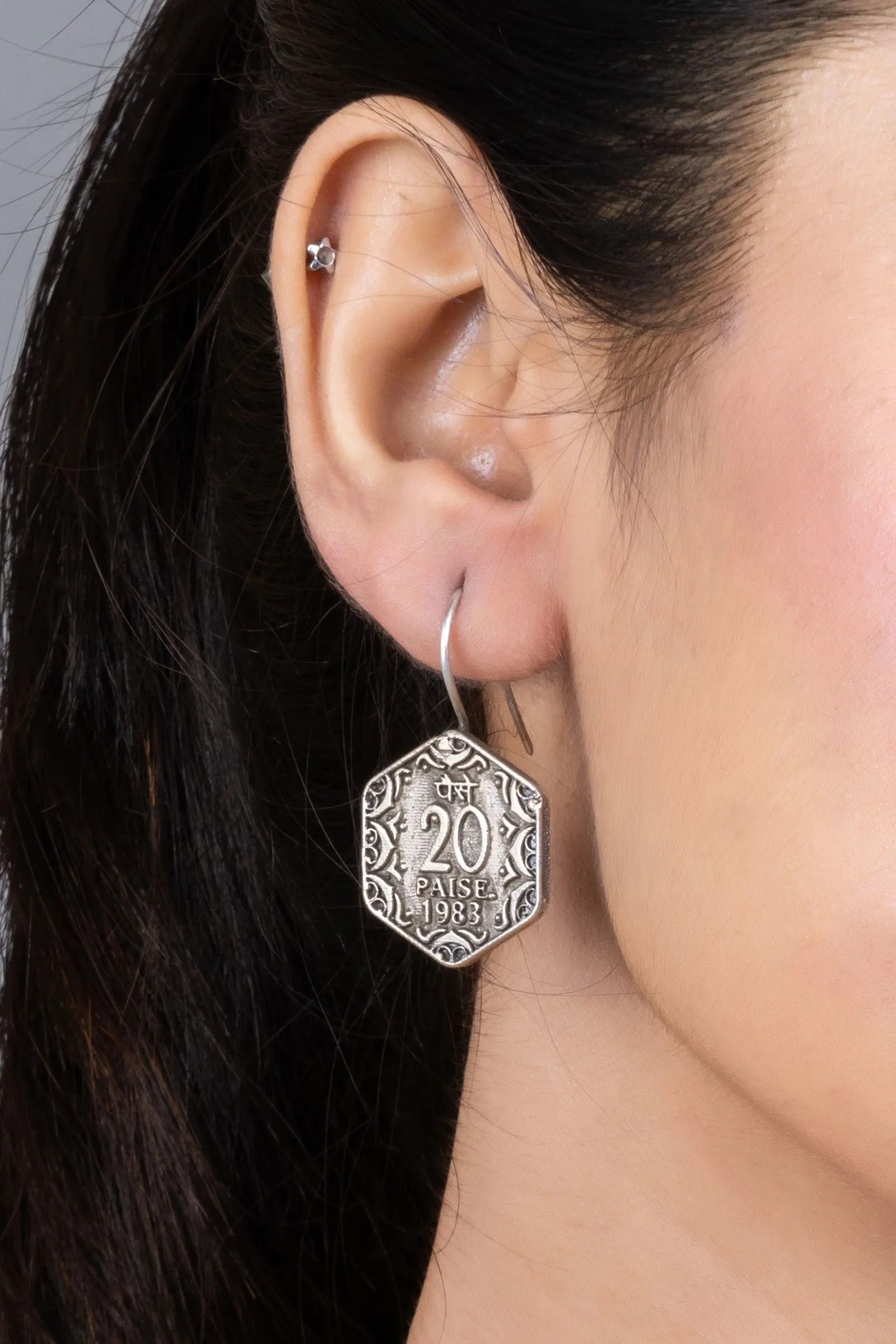 Oxidized Silver Replica 20 Paise Hexagonal Lightweight Earrings with Vintage Design