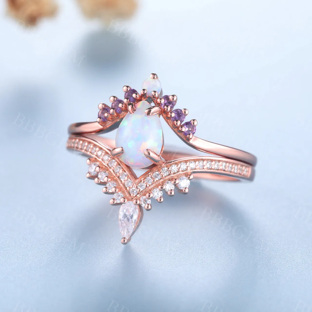 Pear Cut White Fire Opal Engagement Ring Set 14k Rose Gold Amethyst Matching Band