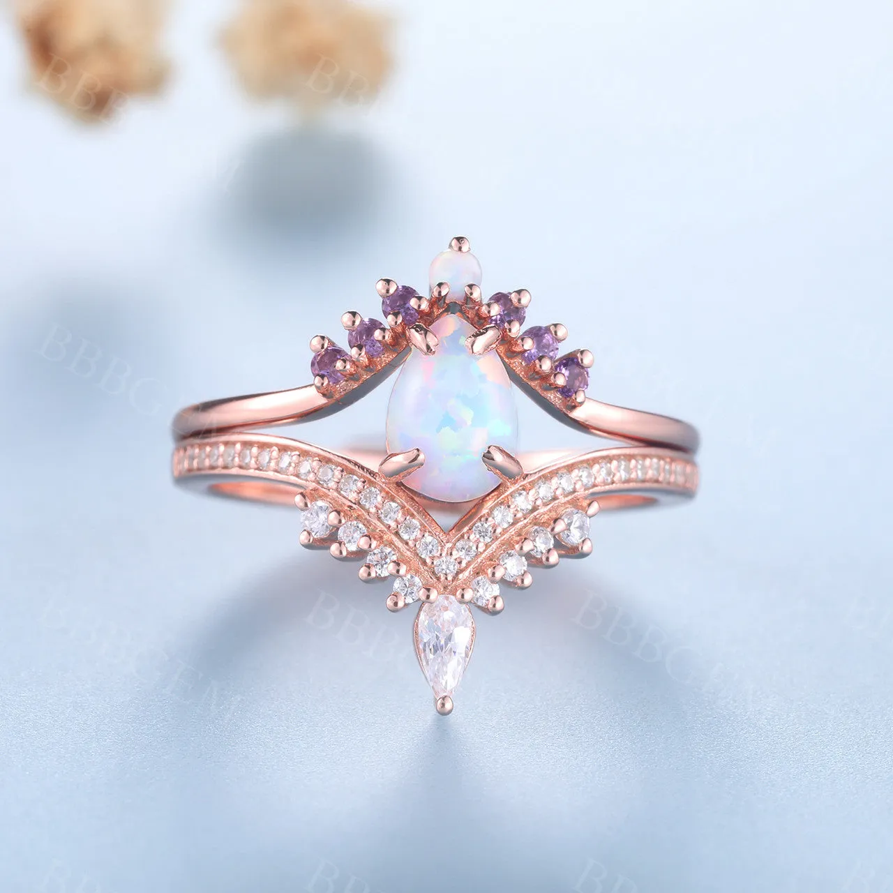 Pear Cut White Fire Opal Engagement Ring Set 14k Rose Gold Amethyst Matching Band