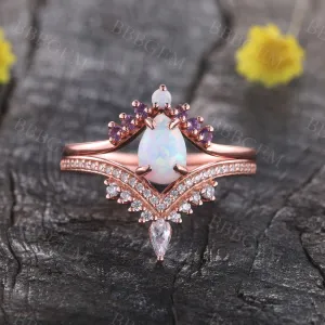 Pear Cut White Fire Opal Engagement Ring Set 14k Rose Gold Amethyst Matching Band