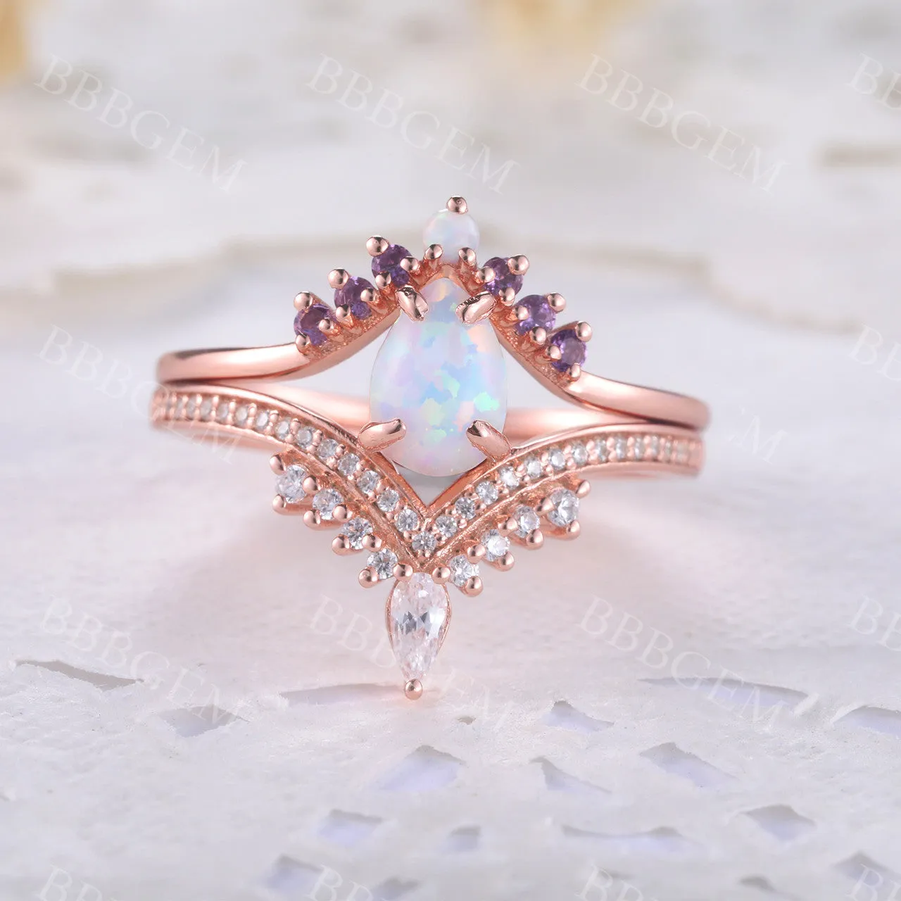 Pear Cut White Fire Opal Engagement Ring Set 14k Rose Gold Amethyst Matching Band