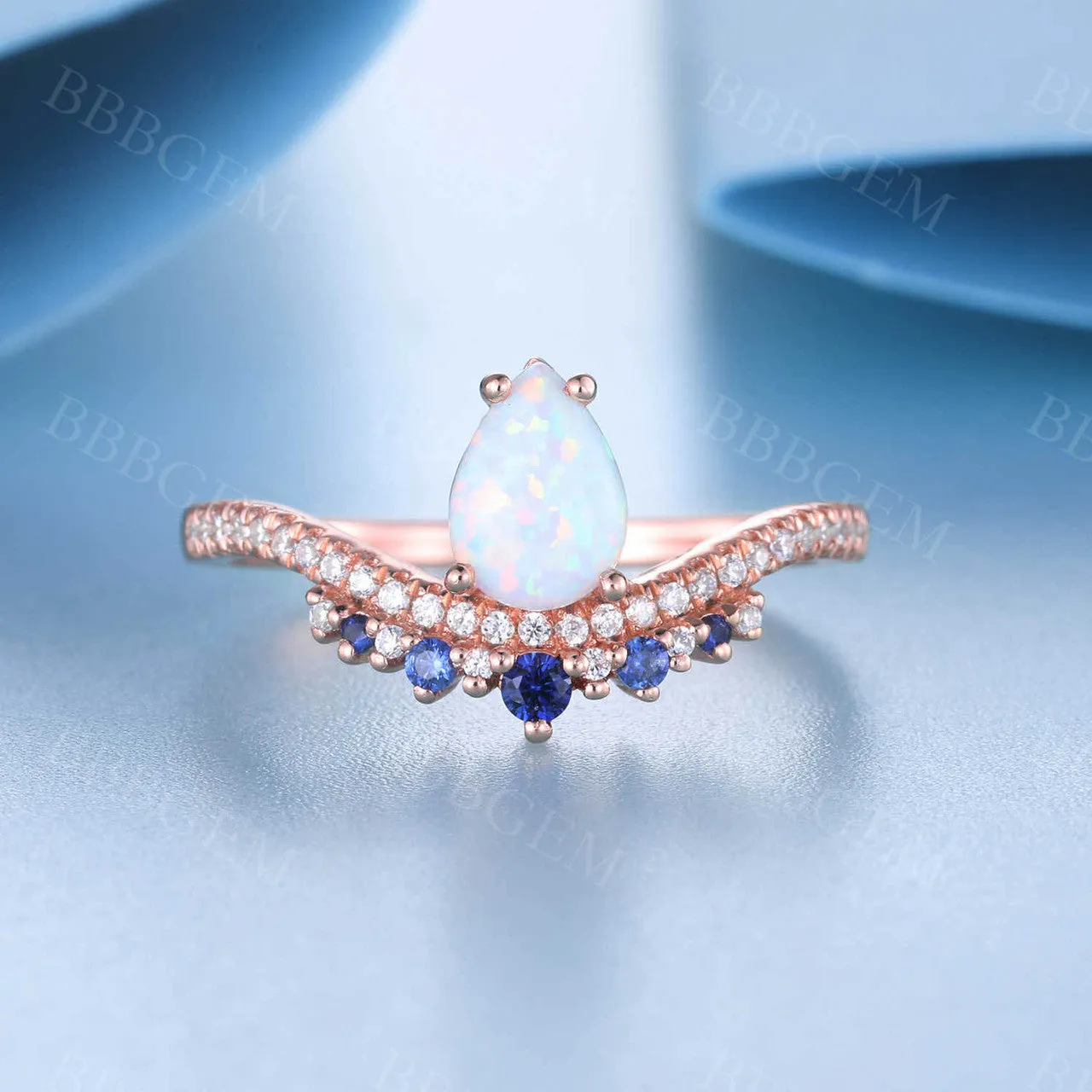 Pear Cut White Fire Opal Ring Vintage Blue Sapphire Gemstone Ring 14K Rose Gold Engagement Ring