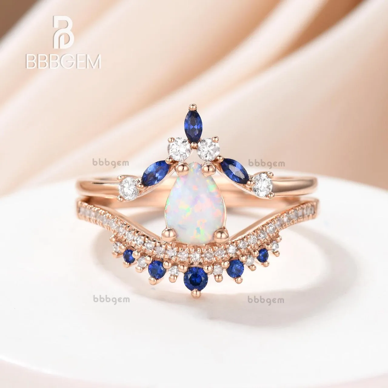 Pear Cut White Fire Opal Ring Vintage Blue Sapphire Gemstone Ring 14K Rose Gold Engagement Ring