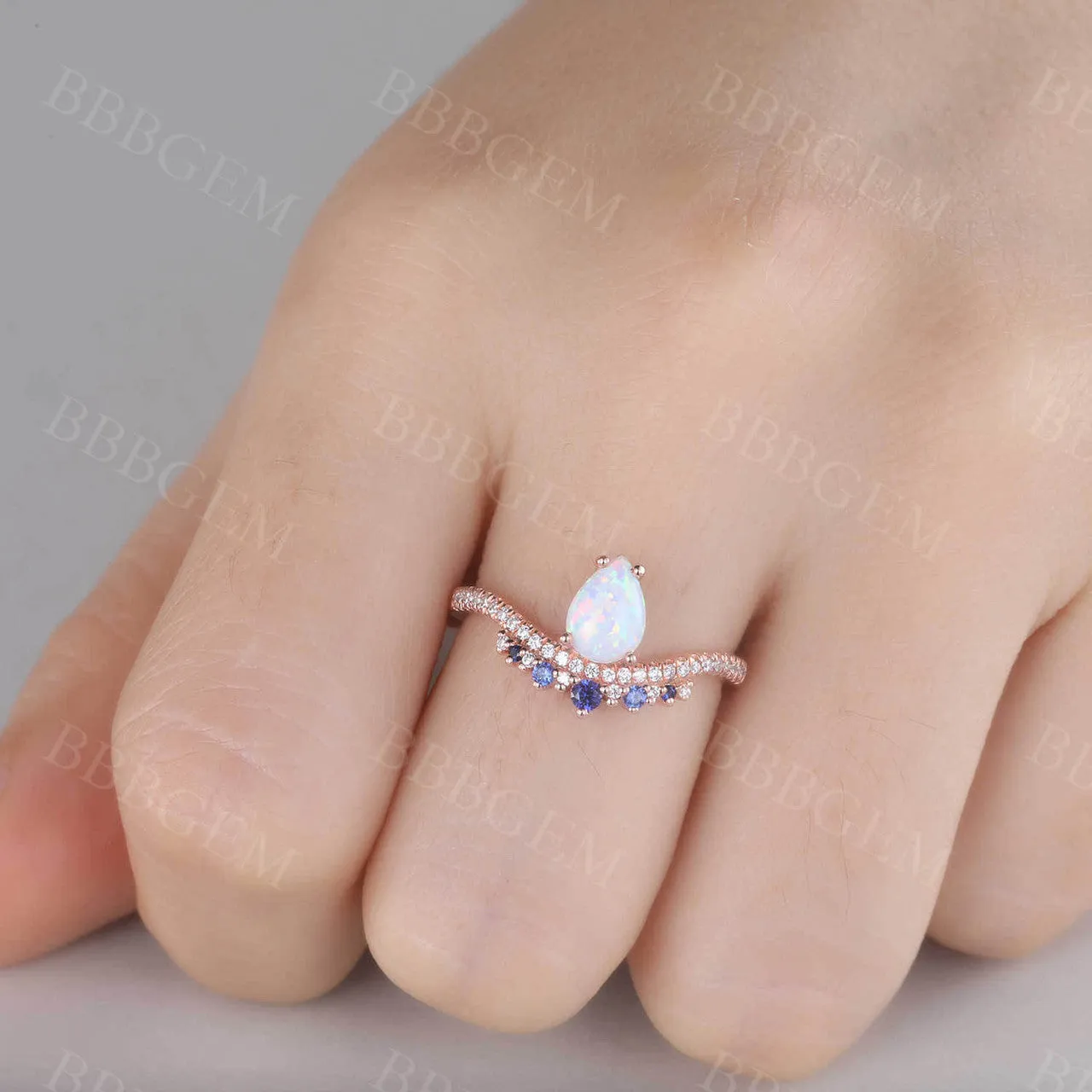 Pear Cut White Fire Opal Ring Vintage Blue Sapphire Gemstone Ring 14K Rose Gold Engagement Ring