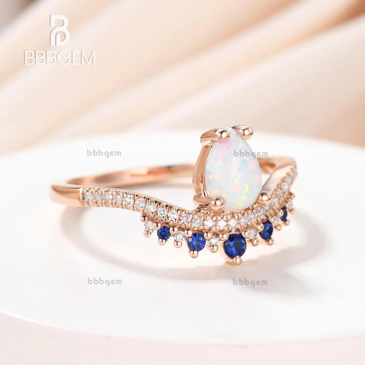 Pear Cut White Fire Opal Ring Vintage Blue Sapphire Gemstone Ring 14K Rose Gold Engagement Ring