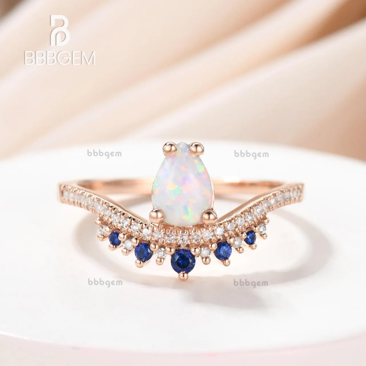 Pear Cut White Fire Opal Ring Vintage Blue Sapphire Gemstone Ring 14K Rose Gold Engagement Ring