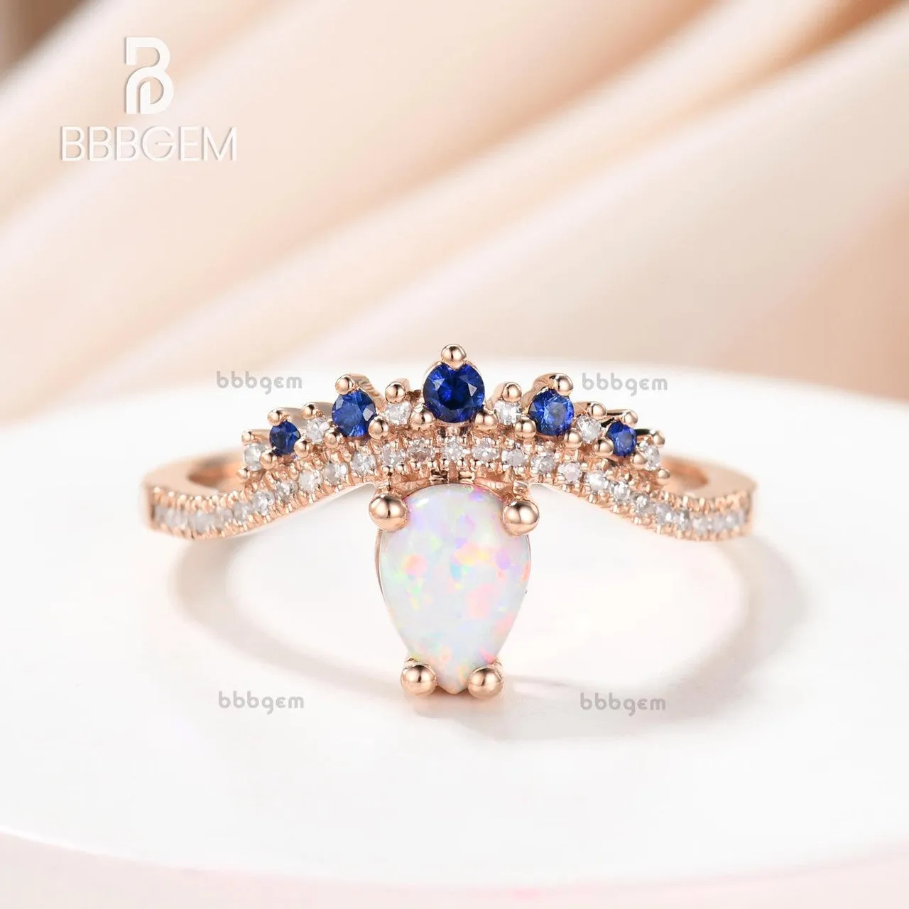 Pear Cut White Fire Opal Ring Vintage Blue Sapphire Gemstone Ring 14K Rose Gold Engagement Ring