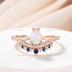 Pear Cut White Fire Opal Ring Vintage Blue Sapphire Gemstone Ring 14K Rose Gold Engagement Ring