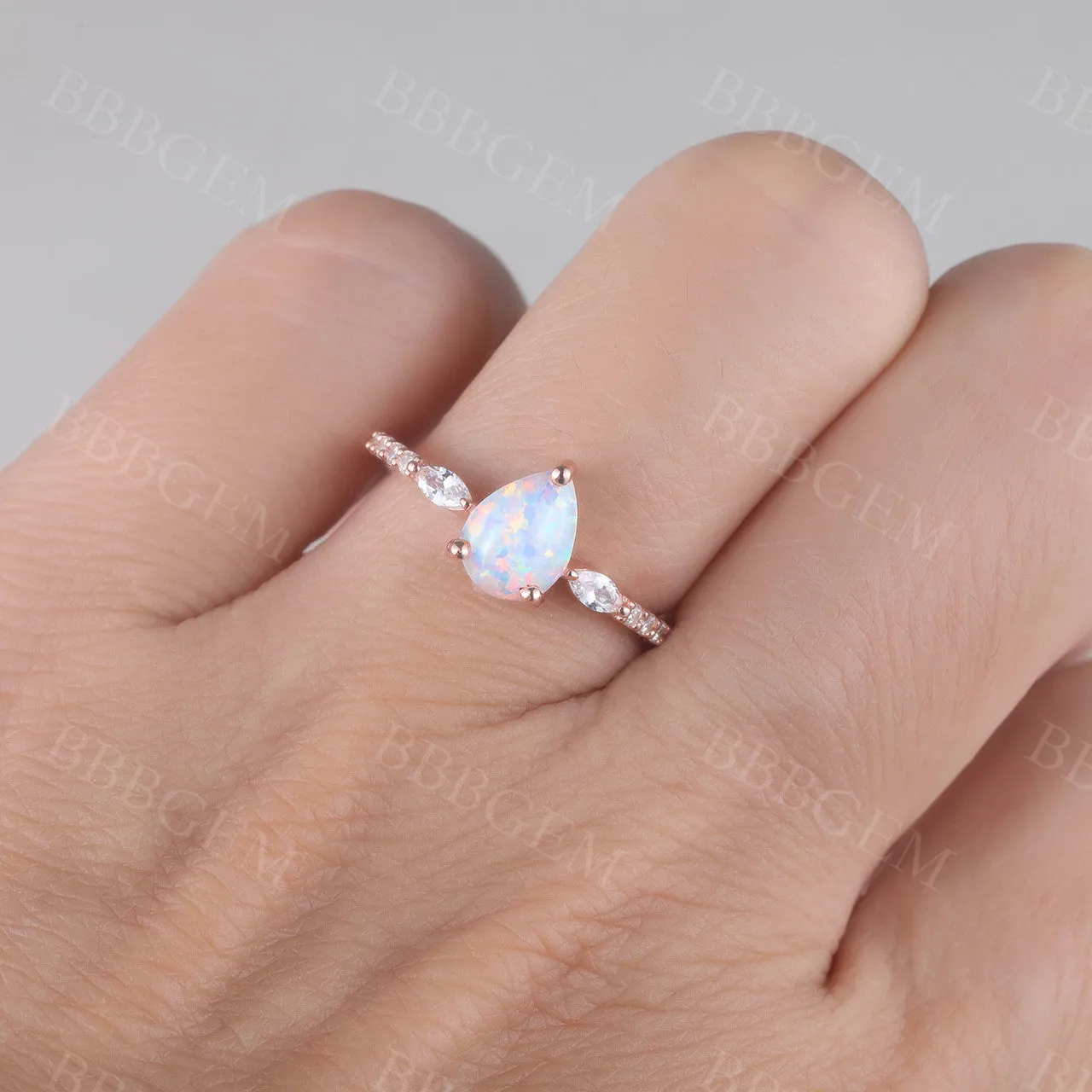 Pear Cut White Fire Opal Ring Vintage Engagement Ring Art Deco Style