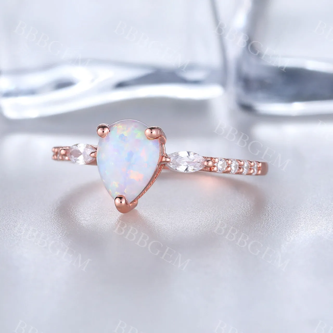 Pear Cut White Fire Opal Ring Vintage Engagement Ring Art Deco Style