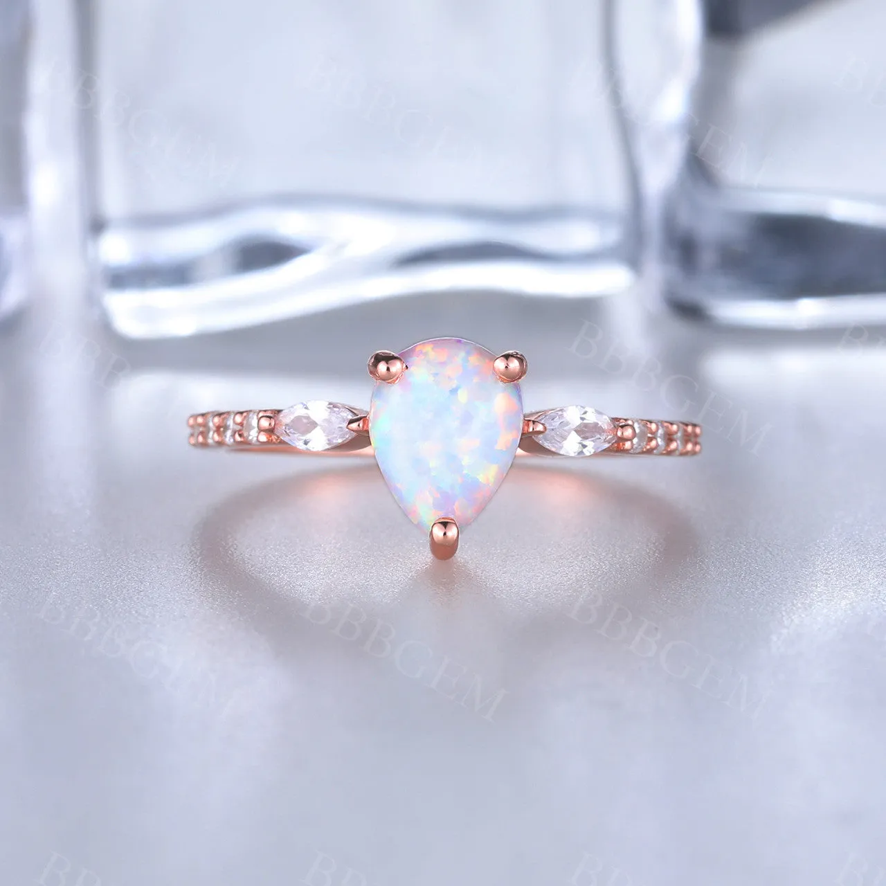 Pear Cut White Fire Opal Ring Vintage Engagement Ring Art Deco Style