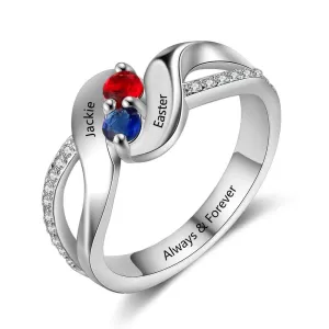 Personalized Sterling Silver Ring - Engrave One Special Phrase, Two Custom Names & Two Custom Birthstones - Women’s Fashion Jewelry