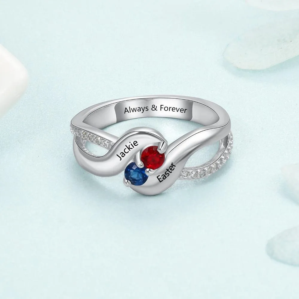 Personalized Sterling Silver Ring - Engrave One Special Phrase, Two Custom Names & Two Custom Birthstones - Women’s Fashion Jewelry