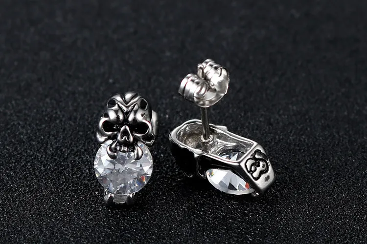 Punk-Inspired Zircon Skull Titanium Steel Stud Earrings for Men