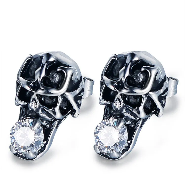 Punk-Inspired Zircon Skull Titanium Steel Stud Earrings for Men